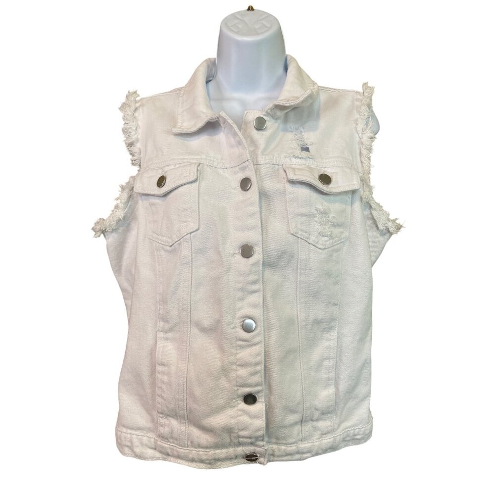 Ebossy Denim Vest Jacket White L Distressed Sleeveless Frayed Snap Buttons Y2K